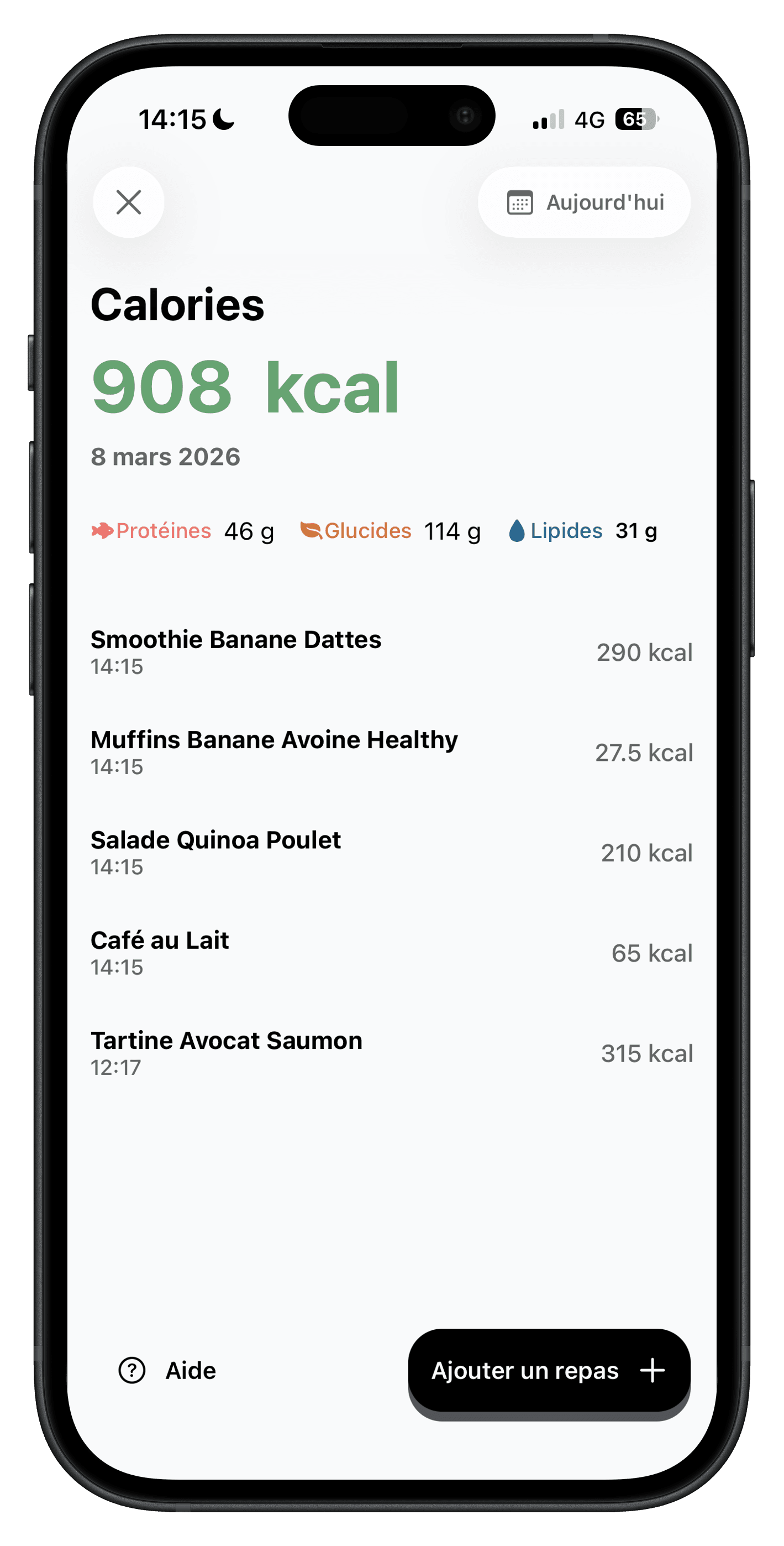 Ember Calories screen: daily total, macros and list of meals